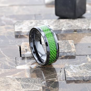 MATLAL Beveled Black Ceramic Ring with Emerald Green Carbon Fiber Inlay 8mm