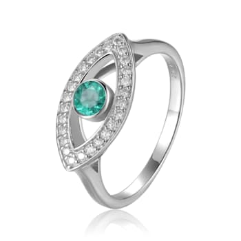 Emerald with Moissanite Accents Rhodium Over Sterling Silver Evil Eye
Halo Ring
