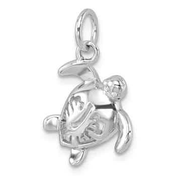 Rhodium Over Sterling Silver Tiny Turtle with Flower Back Pendant