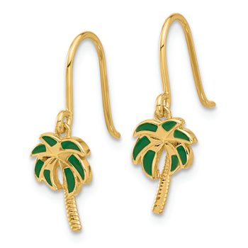 14k Yellow Gold Polished and Textured Green Enameled Palm Tree Dangle Earrings