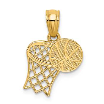 14k Yellow Gold Textured Basketball and Hoop Pendant