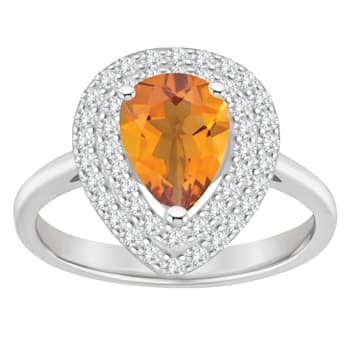 8x5mm Pear Shape Citrine And White Topaz Accents Rhodium Over Sterling
Silver Double Halo Ring