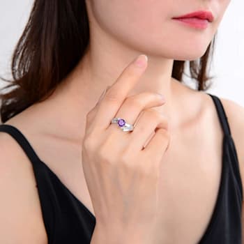 Round Amethyst with White Topaz Accents Sterling Silver Ring, 1.10ctw