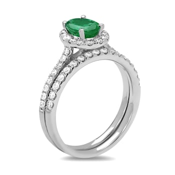 1.40ctw Emerald and Diamond Engagement Ring with Band Ring in 14k White Gold