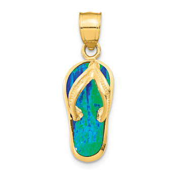 14k Yellow Gold Polished and Textured 3D with Lab Created Blue Opal Flip
Flop Pendant