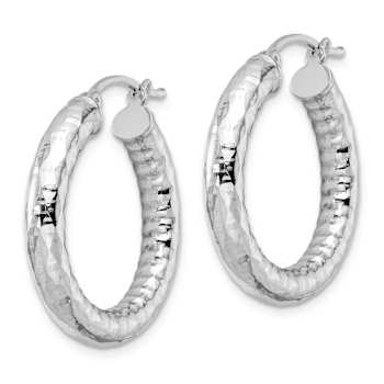 Rhodium Over Sterling Silver 4.00mm Diamond-cut Hoop Earrings