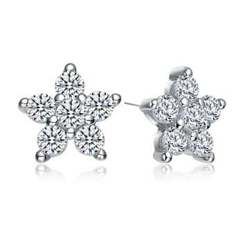 Star Cluster CZ Stud Earrings In White Rhodium Over Brass
