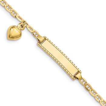 10k Yellow Gold Children's Flat Mariner Link ID with Dangling Heart Bracelet