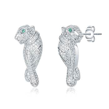 Emerald Color CZ Panther Drop Earrings In White Rhodium Over Brass