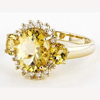 Yellow Beryl Oval And White Diamond Three-Stone Ring In Solid 14K Yellow
Gold 2.52ctw