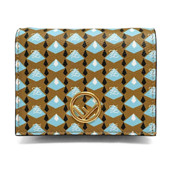 Fendi Calf Leather F Logo Blue Brown Small Bifold Wallet