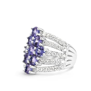 Rhodium Over Sterling Silver Round Tanzanite and White Zircon Ring 2.38ctw