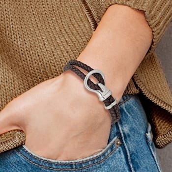 Brown Braided Leather and Stainless Steel Polished 8-inch Bracelet
