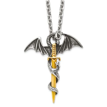 Stainless Steel Antiqued and Polished Yellow IP-plated Dragon/Sword
24-inch Necklace