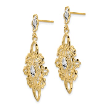14k Yellow Gold and Rhodium Over 14k Yellow Gold Diamond-Cut Filigree
Dangle Earrings