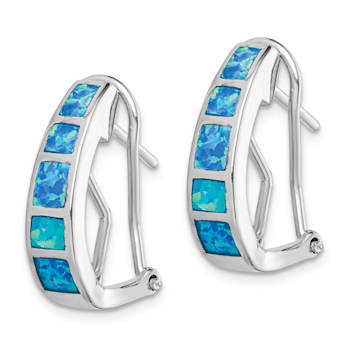 Rhodium Over Sterling Silver Polished Blue Created Opal Inlay J-Hoop Earrings