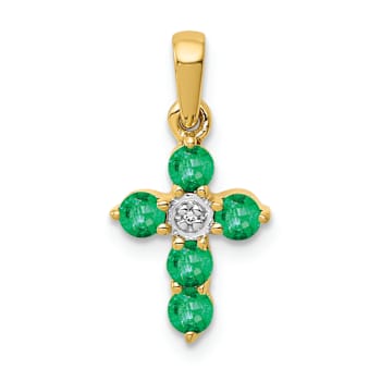 10k Yellow Gold and Rhodium Over 10k Yellow Gold 0.33 ctw Emerald and
Diamond Cross Pendant