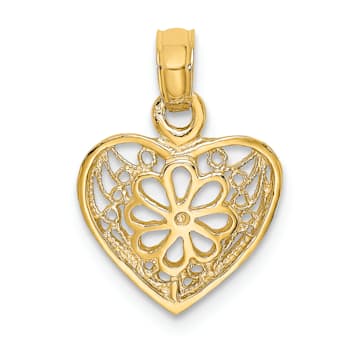 14k Yellow Gold 2D Filigree Heart with Flower Design Charm