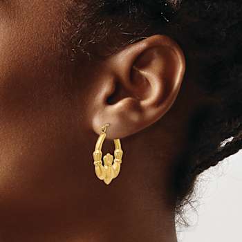 14k Yellow Gold Polished and Textured 1 1/16" Claddagh Hoop Earrings