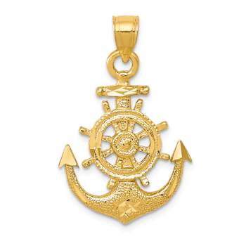 14k Yellow Gold Satin and Diamond-Cut Anchor Pendant