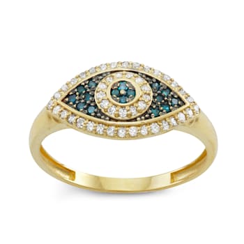 Blue And White Diamond 10K Yellow Gold Evil Eye Cluster Ring 0.30ctw