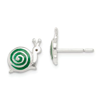 Sterling Silver Polished Green and Black Enameled Snail Post Earrings
