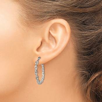 Sterling Silver Polished Textured Cable Chain 3x30mm Hoop Earrings