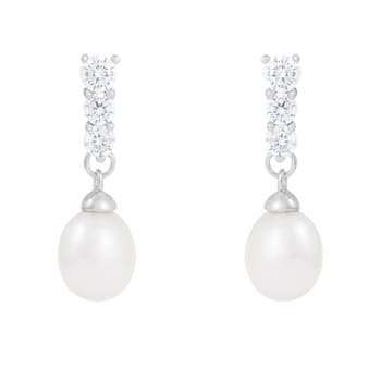 7-8mm White Cultured Freshwater Pearl and Cubic Zirconia Rhodium Over
Sterling Silver Earrings