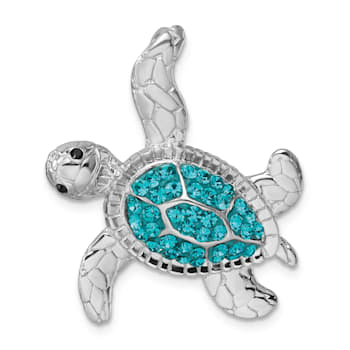 Rhodium Over Sterling Silver Polished Blue Crystal Turtle Chain Slide Pendant