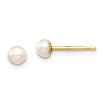 14K Yellow Gold 3-4mm White Button Freshwater Cultured Pearl Stud Post Earrings