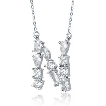 Initial N Mixed Cut CZ Pendant Necklace In Sterling Silver 18 Inch