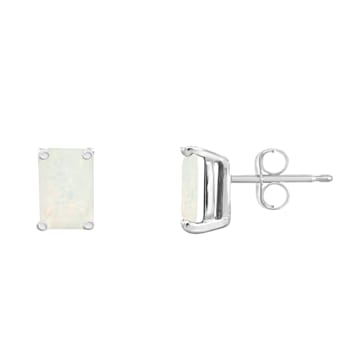 6x4mm Emerald Cut Opal 14k White Gold Stud Earrings