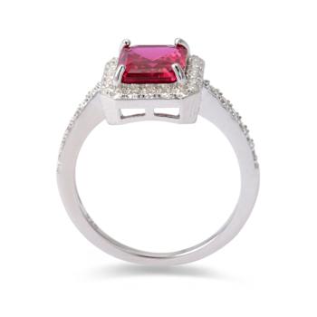 Red Lab Created Ruby With Moissanite Accents Rhodium Over Sterling
Silver Ring