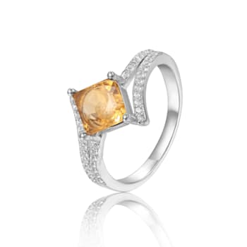 Princess Cut Citrine with White Sapphire Accents Bypass Ring, 1.08ctw