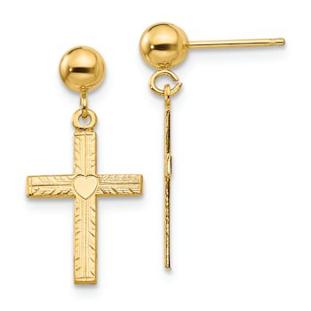 14k Yellow Gold Polished, Textured and Satin Cross Dangle Earrings
