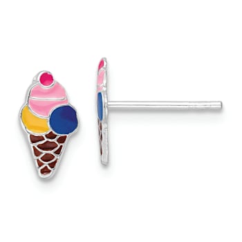 Rhodium Over Sterling Silver Enamel Kids Ice Cream Cone Post Earrings