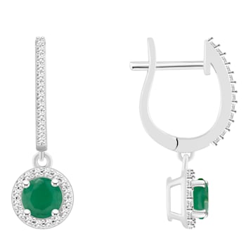 5mm Round Emerald 1/4 ctw Diamond Rhodium Over Sterling Silver Halo
Dangle Earrings