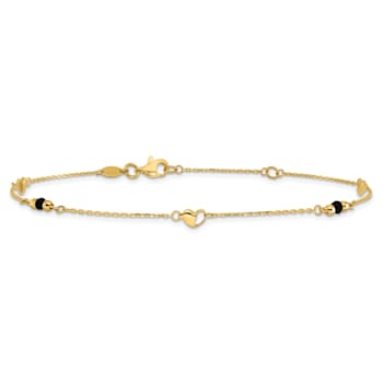 14K Gold Polished/Diamond-cut Heart Lab Created Onyx Beads 9-inch Plus
1-inch Extension Anklet