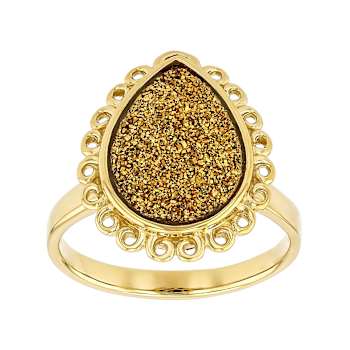 Golden Druzy Quartz Pear Solitaire Ring In 18K Gold Over Sterling Silver 3.61ct