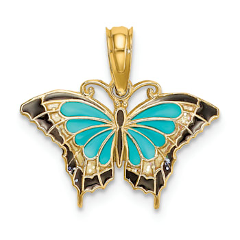 14k Yellow Gold Small Aqua Enamel Wings Butterfly Pendant