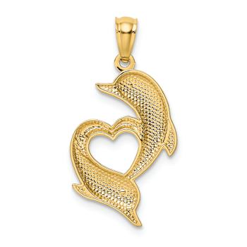 14k Yellow Gold Diamond-Cut Satin and Polished Dolphins Heart Pendant
