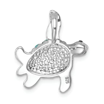 Rhodium Over Sterling Silver Polished Crystal Turtle Chain Slide Pendant