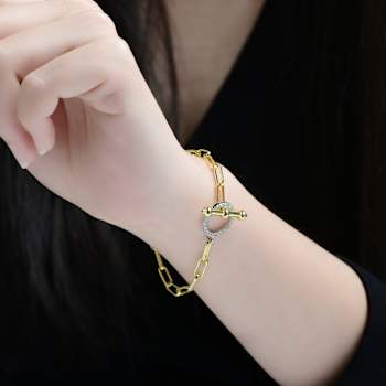 Two-Tone CZ Link Bracelet In 14K Gold Over Brass
