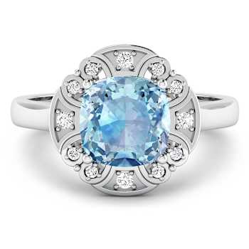 Blue Aquamarine and White Diamond 14K White Gold Halo Ring 1.57 ctw