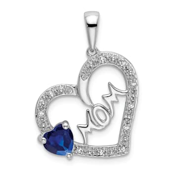 Rhodium Over 14k White Gold Sapphire and Diamond MOM Heart Pendant