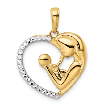 14k Two-tone Gold Diamond-Cut Mother and Baby Heart Pendant