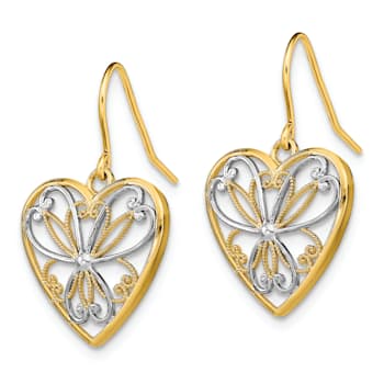 14K Yellow Gold and Rhodium Over 14K Yellow Gold Polished Filigree Heart
Dangle Earrings