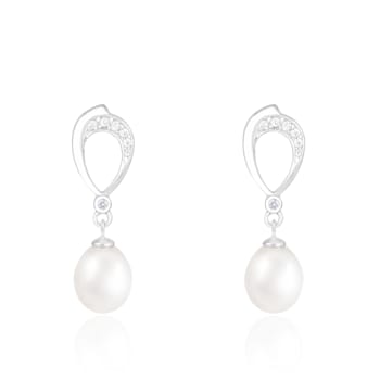 7.5-8mm White Cultured Freshwater Pearl Rhodium Over Sterling Silver Earrings