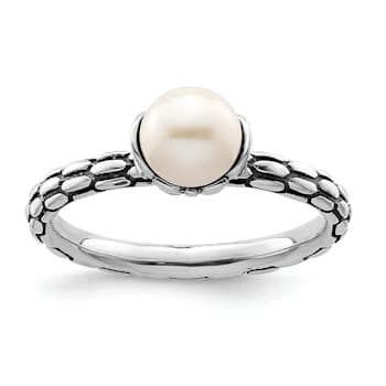 Rhodium Over Sterling Silver Stackable Expressions Patterned White
Freshwater Cultured Pearl Ring