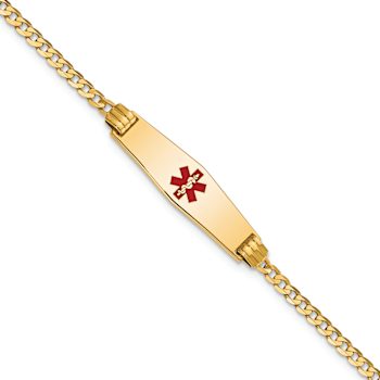 14k Yellow Gold Medical Soft Diamond Shape Red Enamel Curb Link ID Bracelet